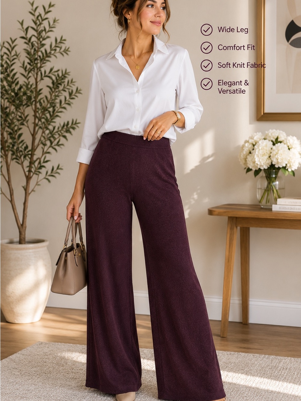 Wide Leg Knit Pants - Plum